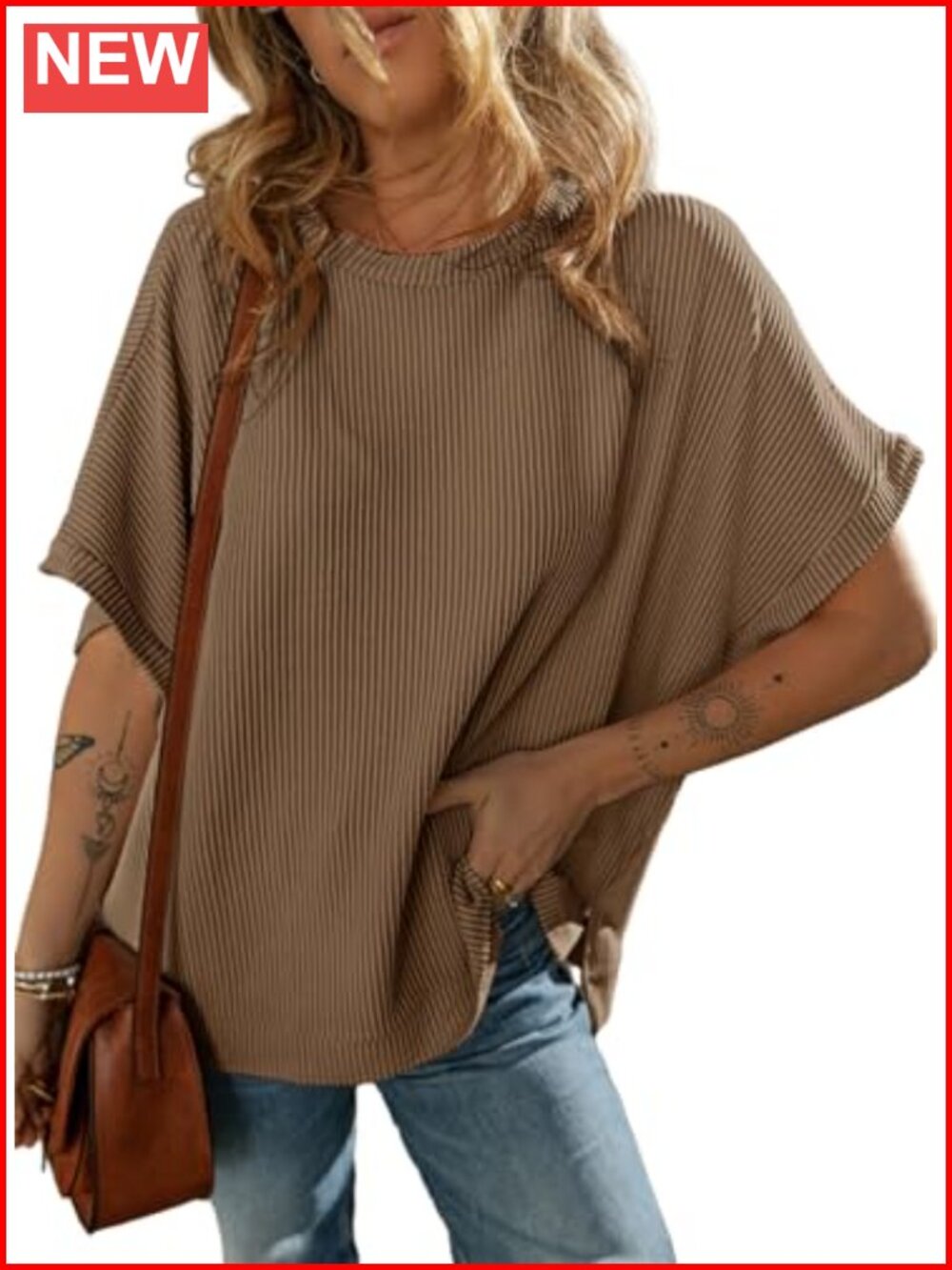 Womens Casual Oversized Short Sleeve Tunic Blouse Soft Stretch Knit Side Slits